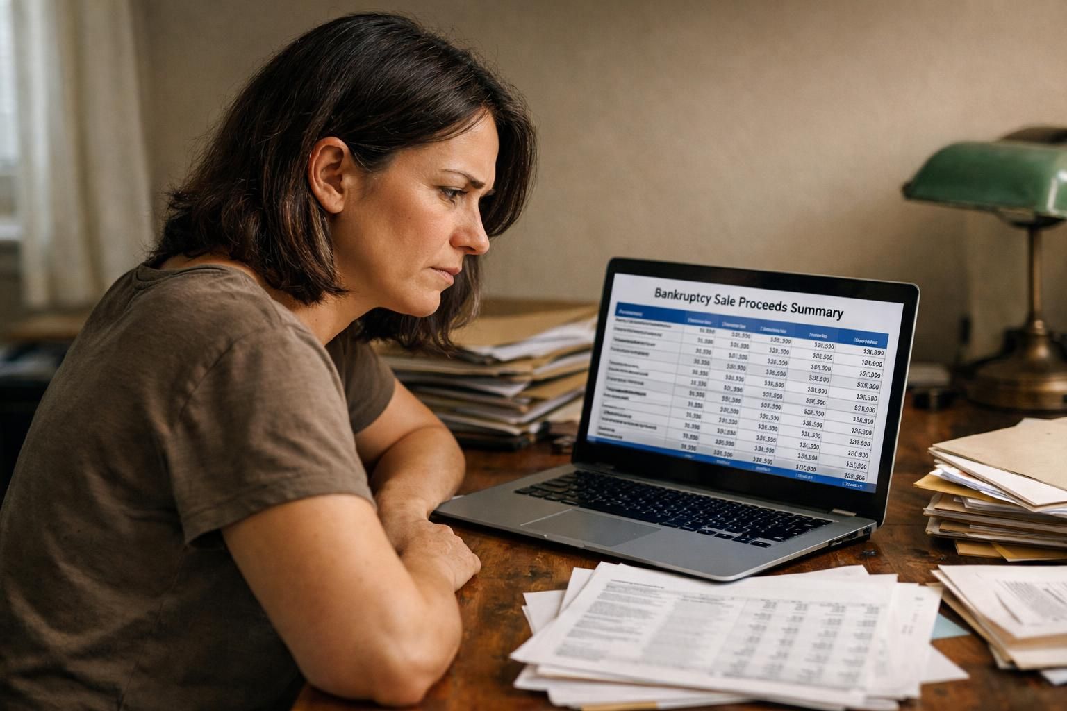 A focused woman works diligently at a cluttered wooden desk.