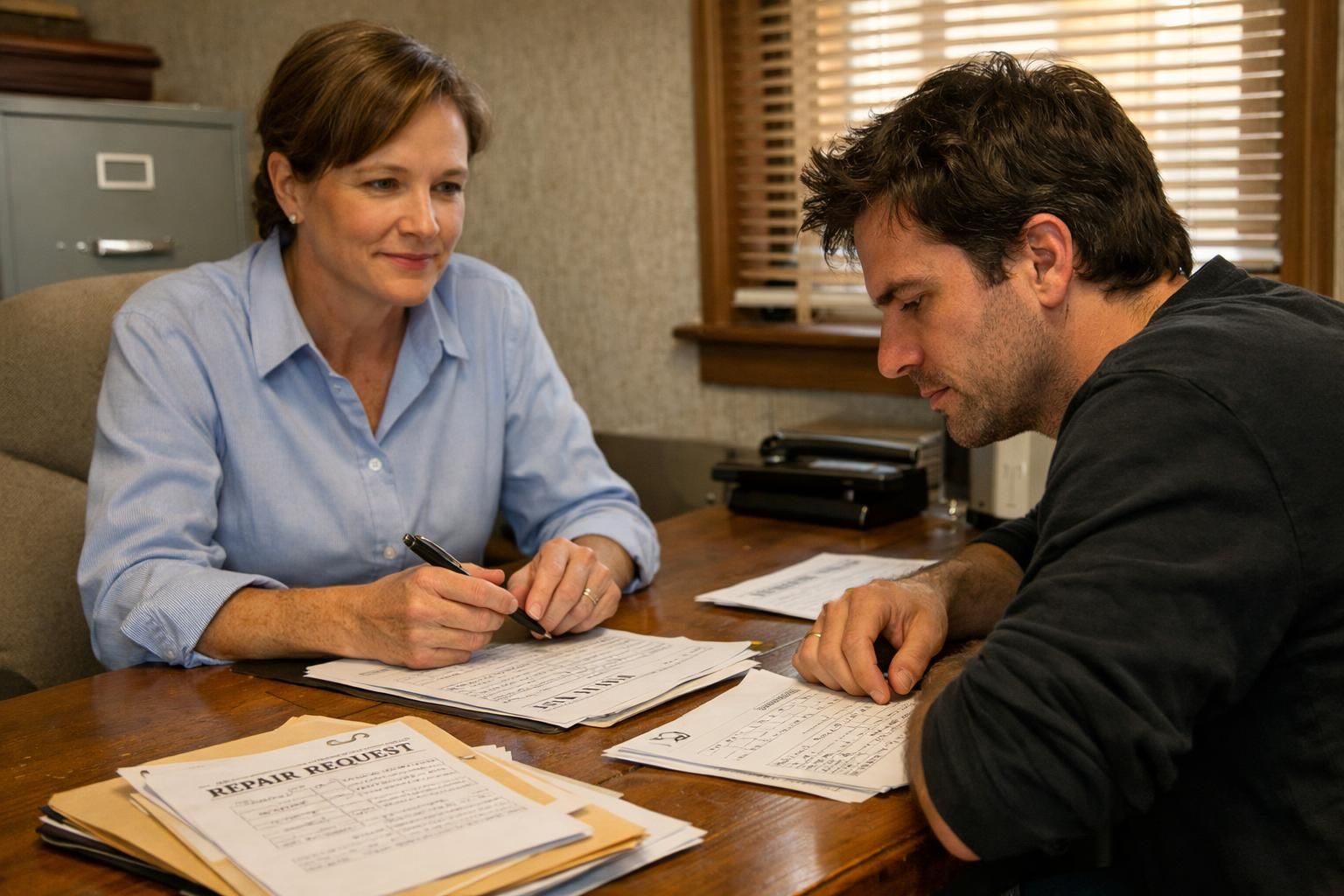 A real estate professional and client engage in paperwork discussion. A real estate professional and client engage in paperwork discussion.