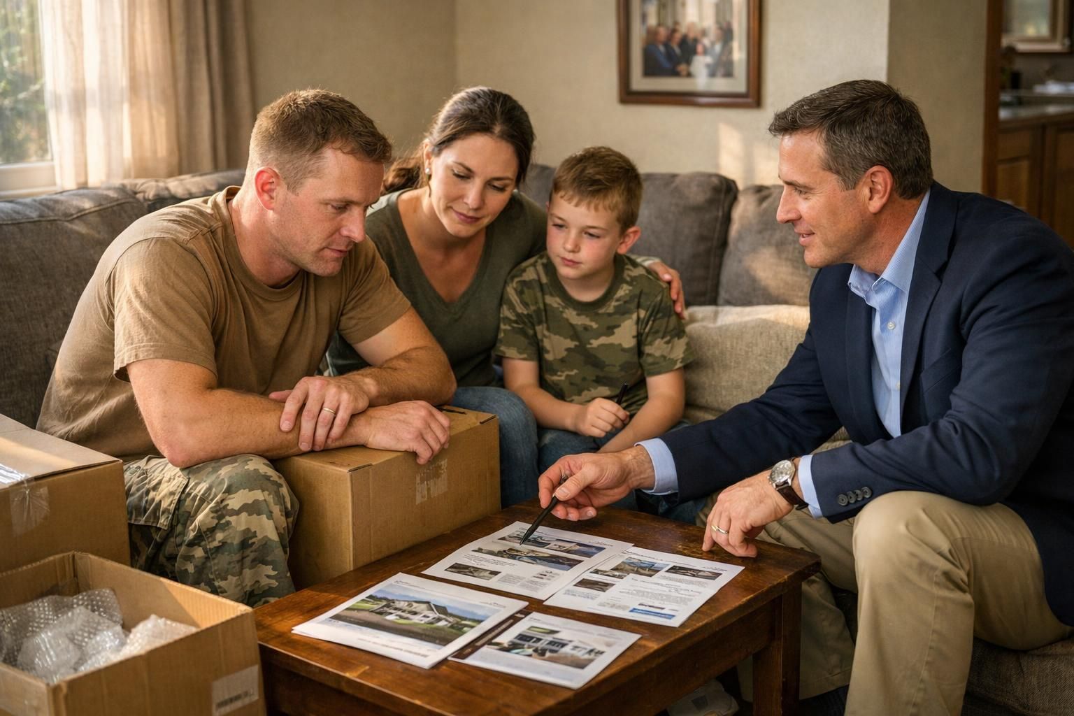 A military family discusses home-selling options with a real estate agent. A military family discusses home-selling options with a real estate agent.