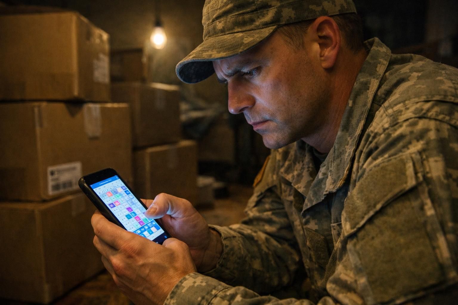 A military service member anxiously manages appointments during a move. A military service member anxiously manages appointments during a move.