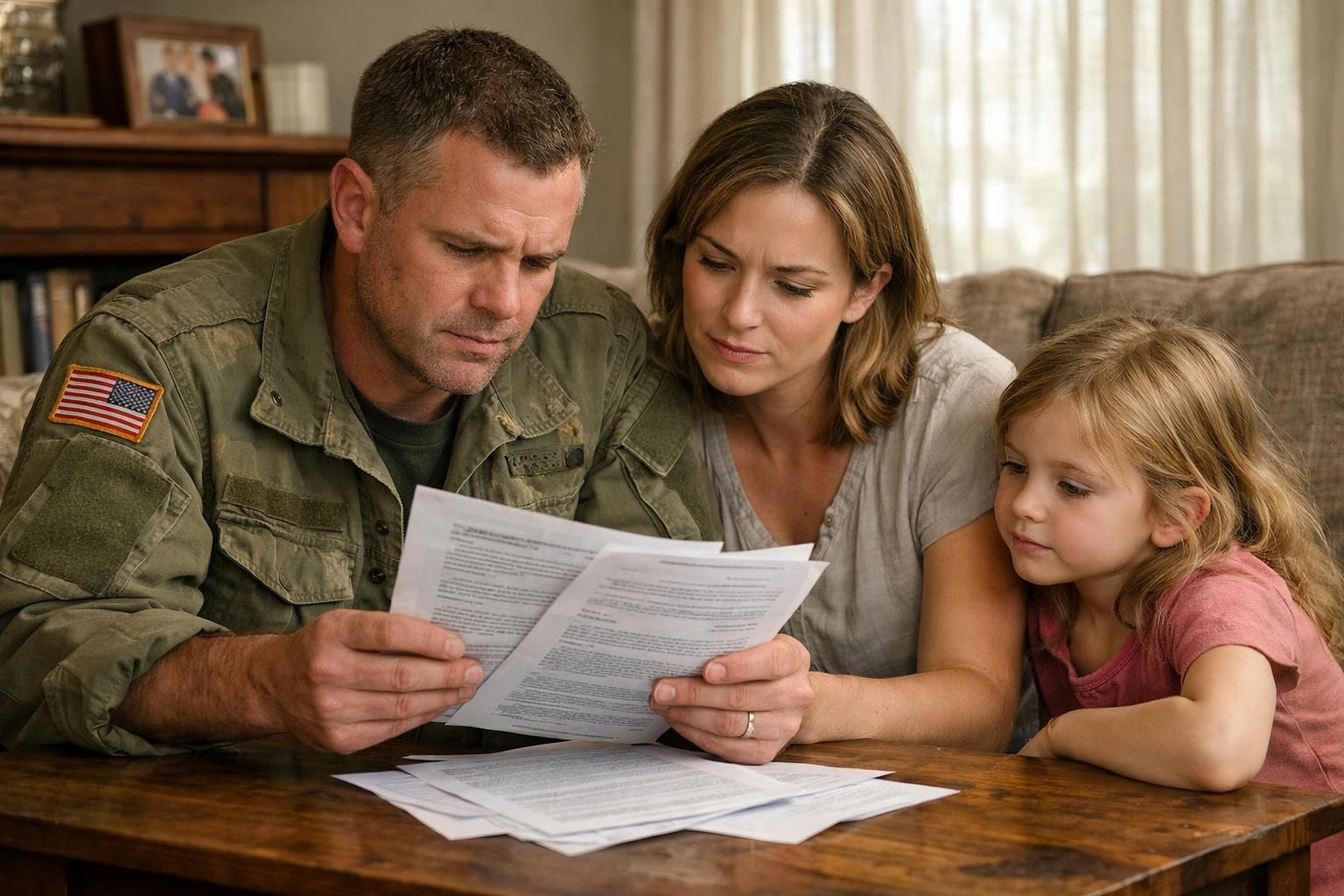 A military family discusses important documents around their coffee table. A military family discusses important documents around their coffee table.