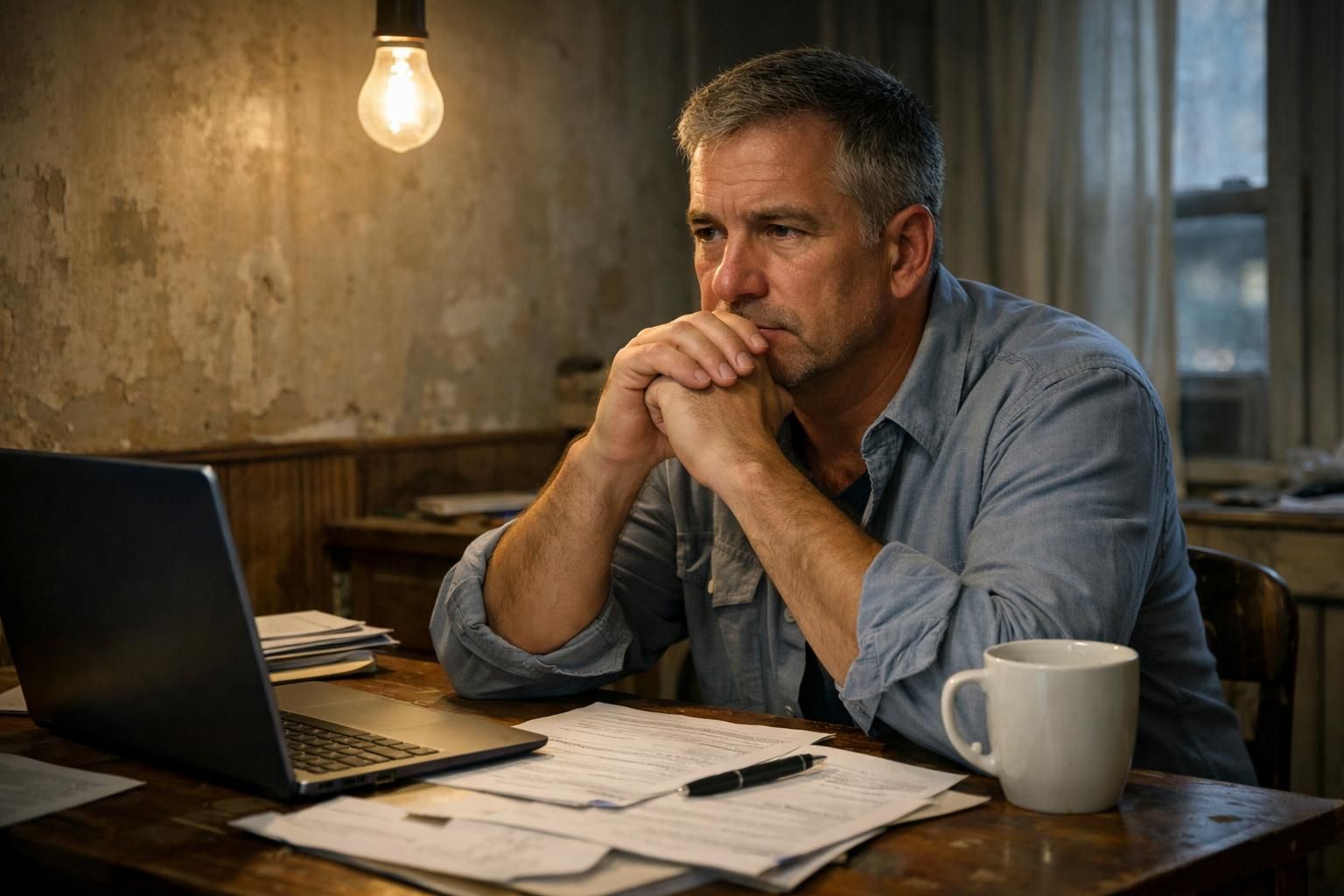 A stressed man contemplates selling his home at a cluttered desk.