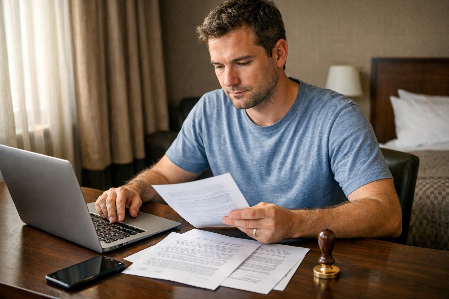 A focused individual reviews documents at a hotel room desk.