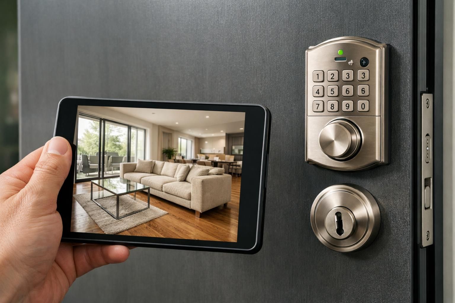 A modern front door with a smart lock and tablet showcasing a living room.