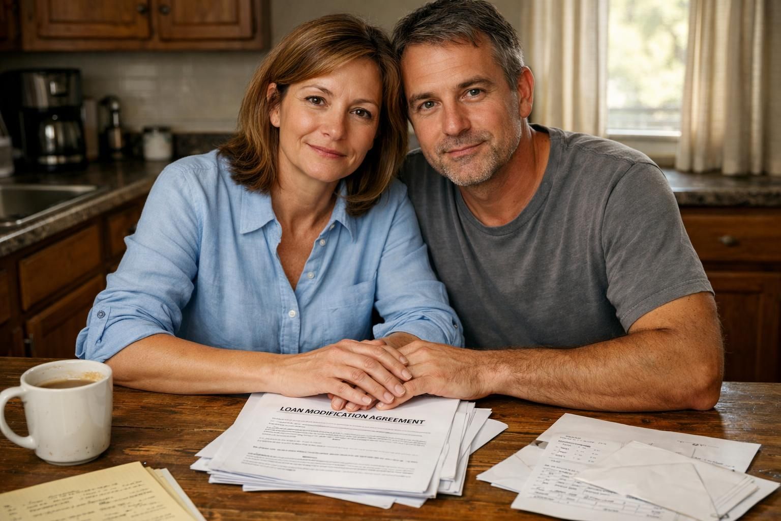 A hopeful middle-aged couple reviews loan modification documents at their kitchen table.