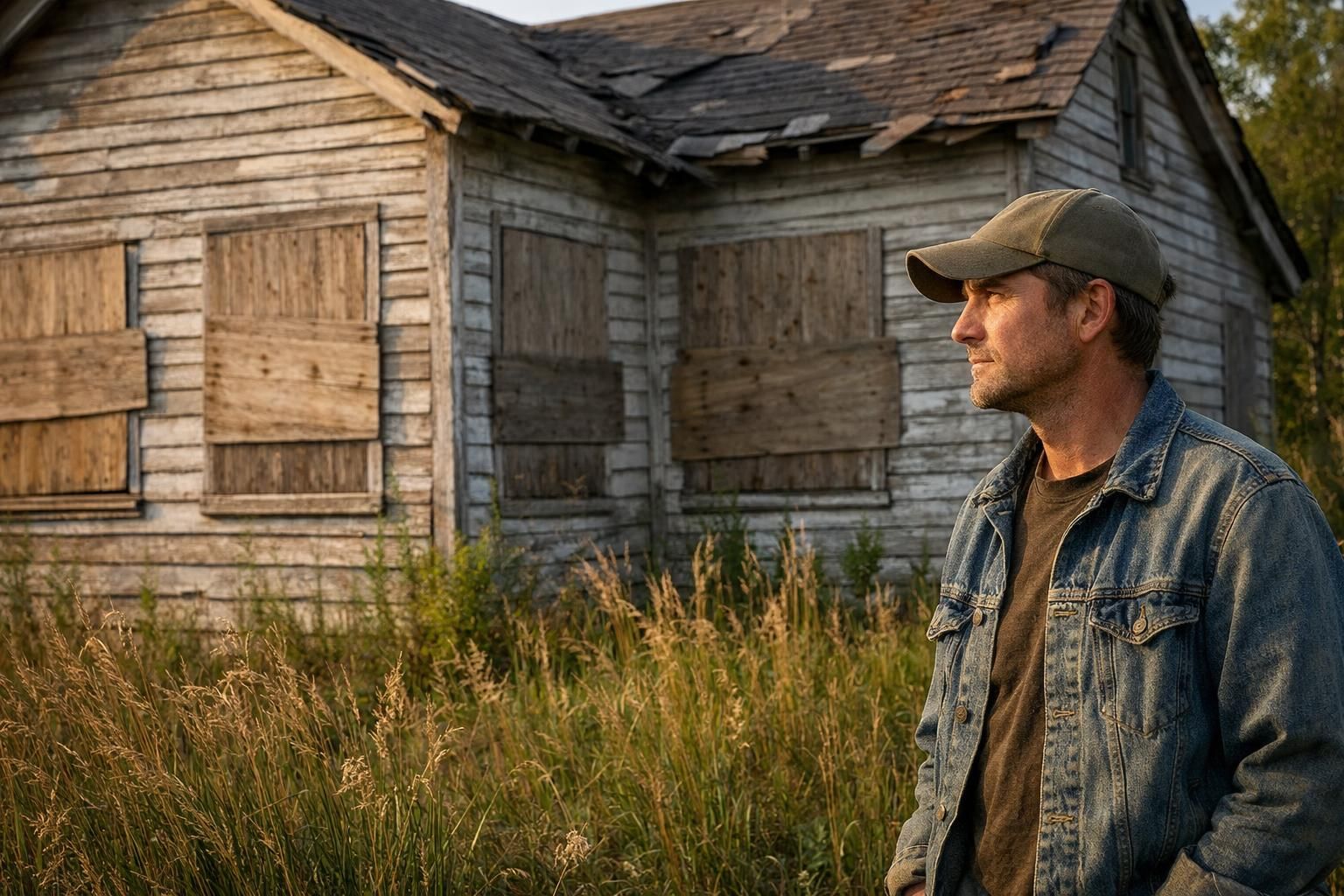 An abandoned wooden house surrounded by wild grass and weeds.