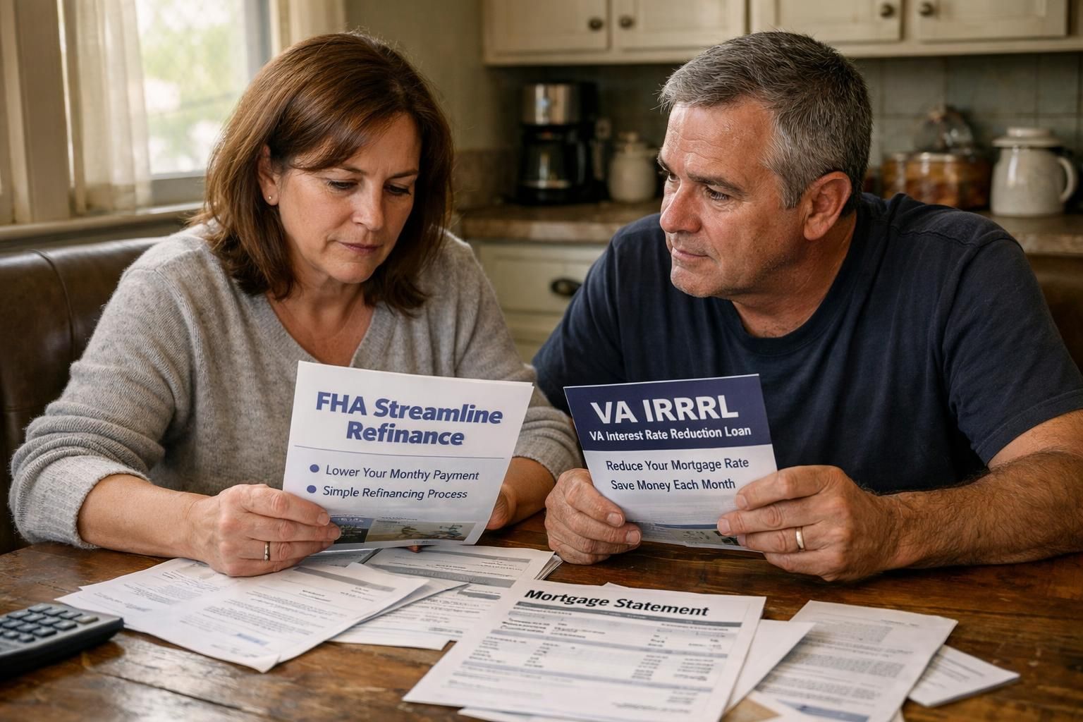 A couple discusses mortgage refinancing options at their kitchen table.