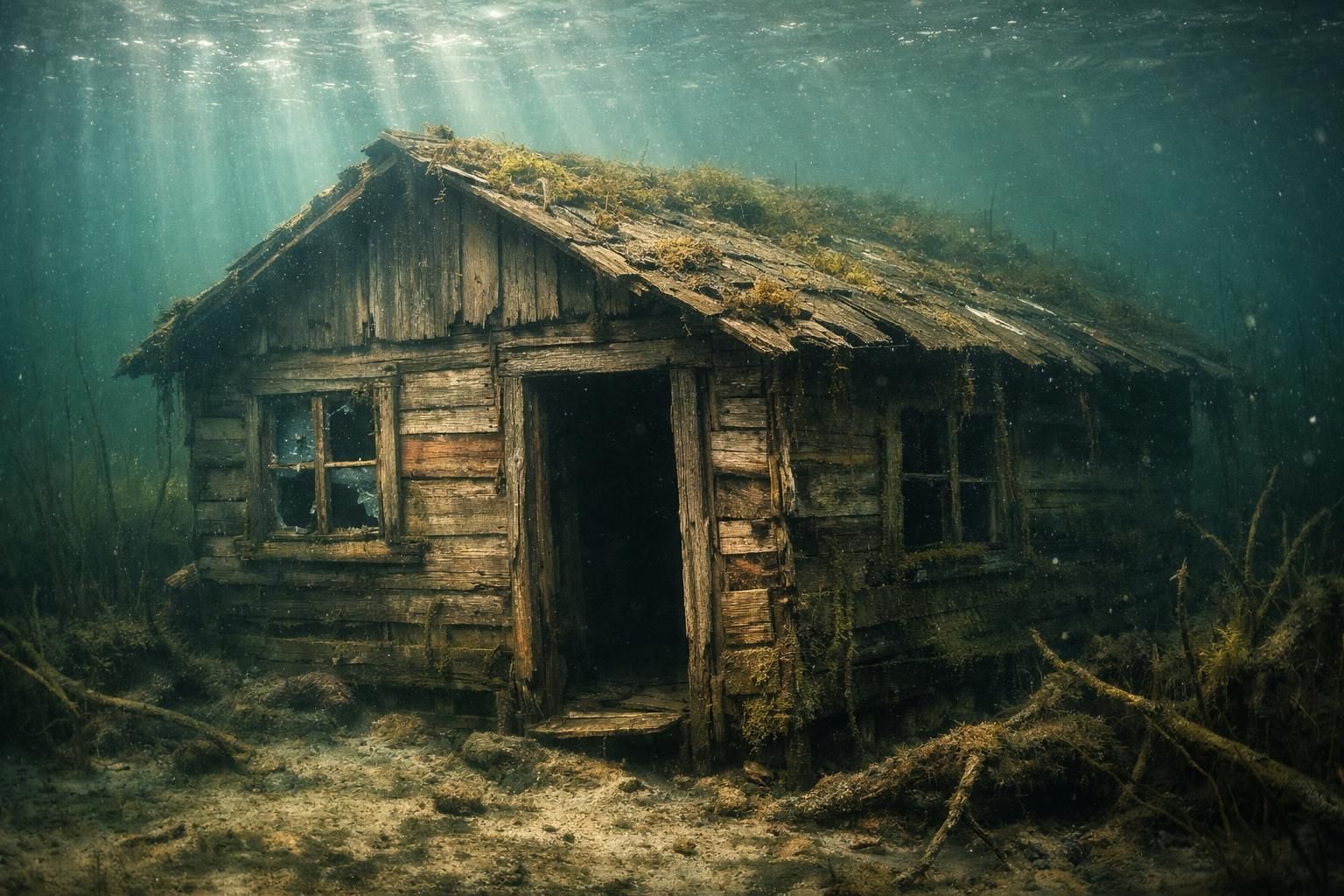 An abandoned wooden house submerged in a shallow freshwater lake.