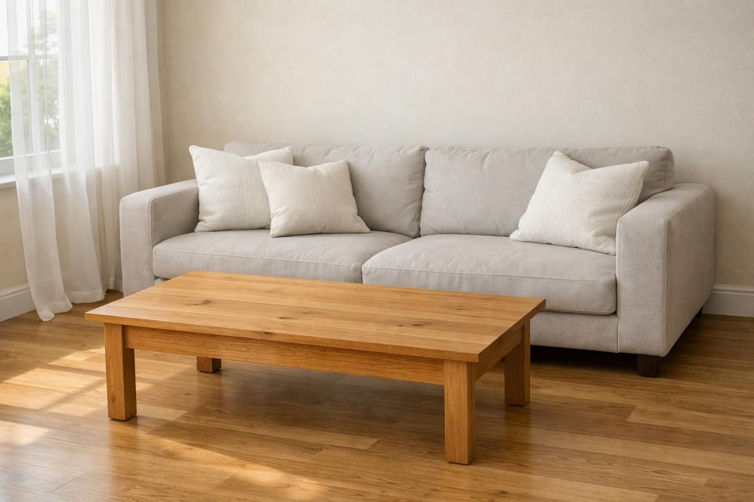 A serene, minimalist living room with warm colors and natural materials.