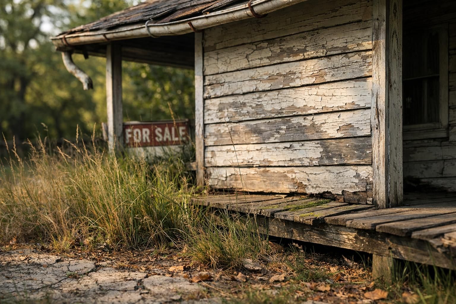 A weathered house shows signs of neglect amidst an overgrown yard.