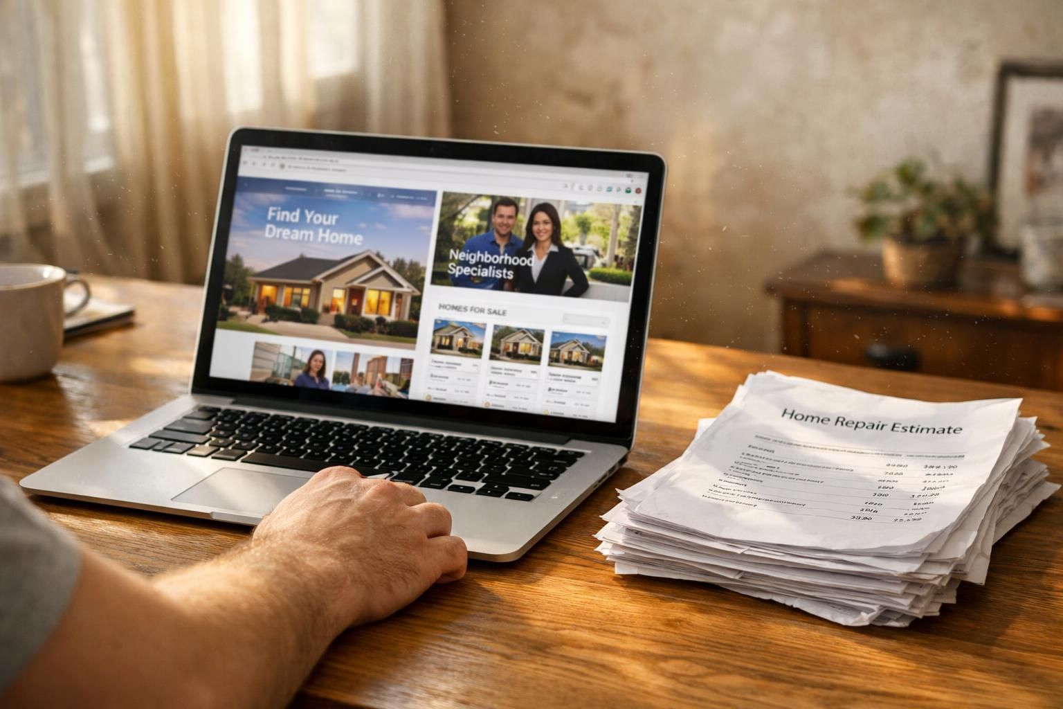 A cluttered wooden desk features a laptop and home repair quotes.