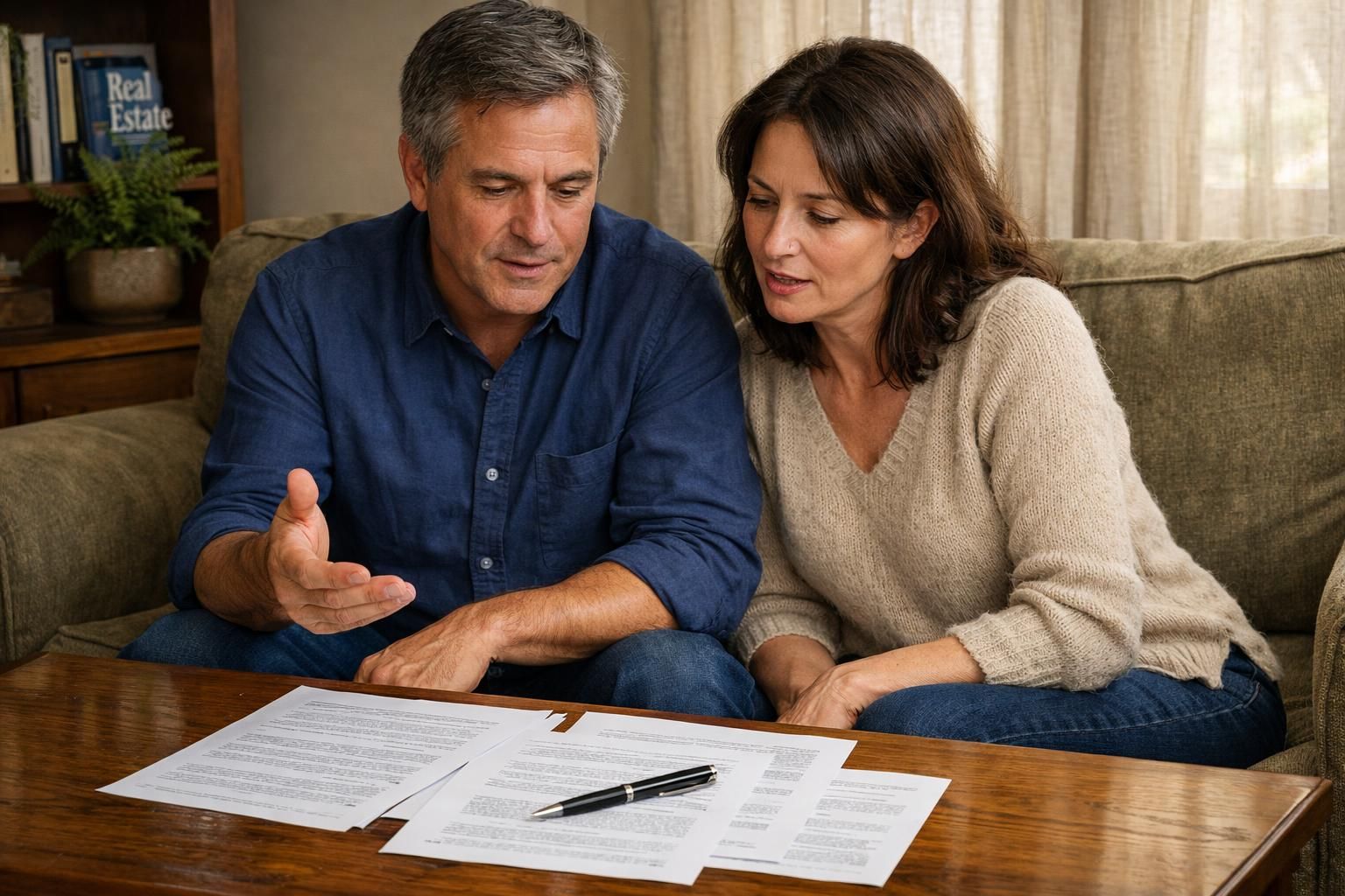 A middle-aged couple discusses important legal documents on a sofa.