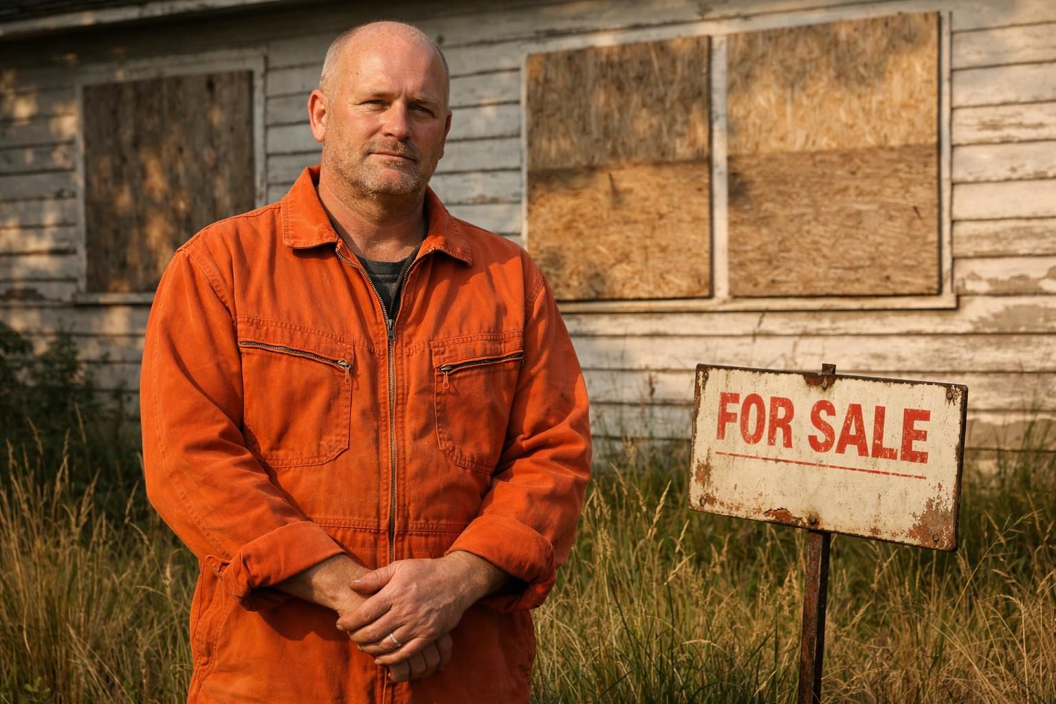 A contemplative man in an orange jumpsuit stands by a weathered house.