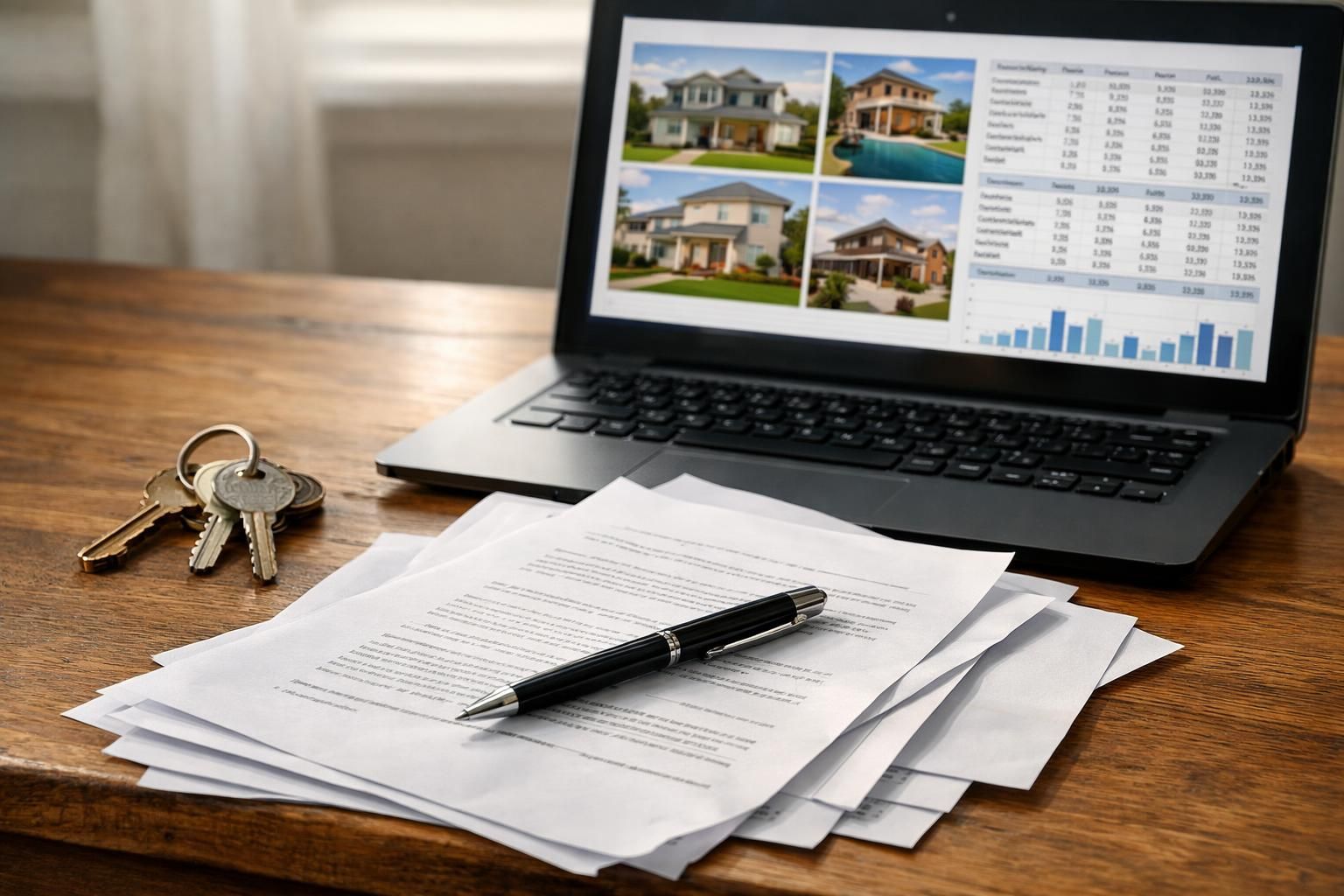 A wooden desk displays documents, a pen, keys, and a laptop.