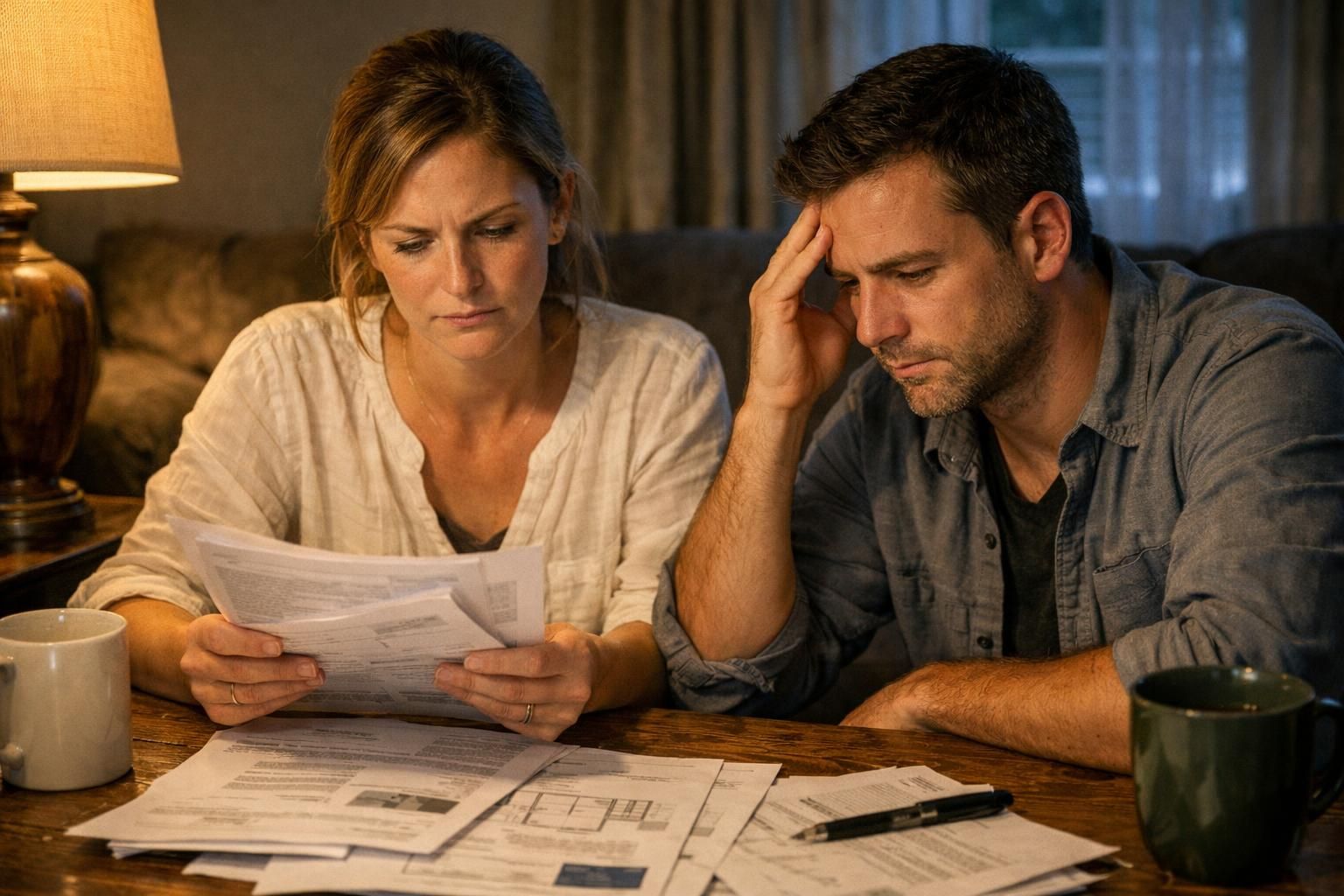 A couple reviews real estate documents, conveying shared concern and tension.