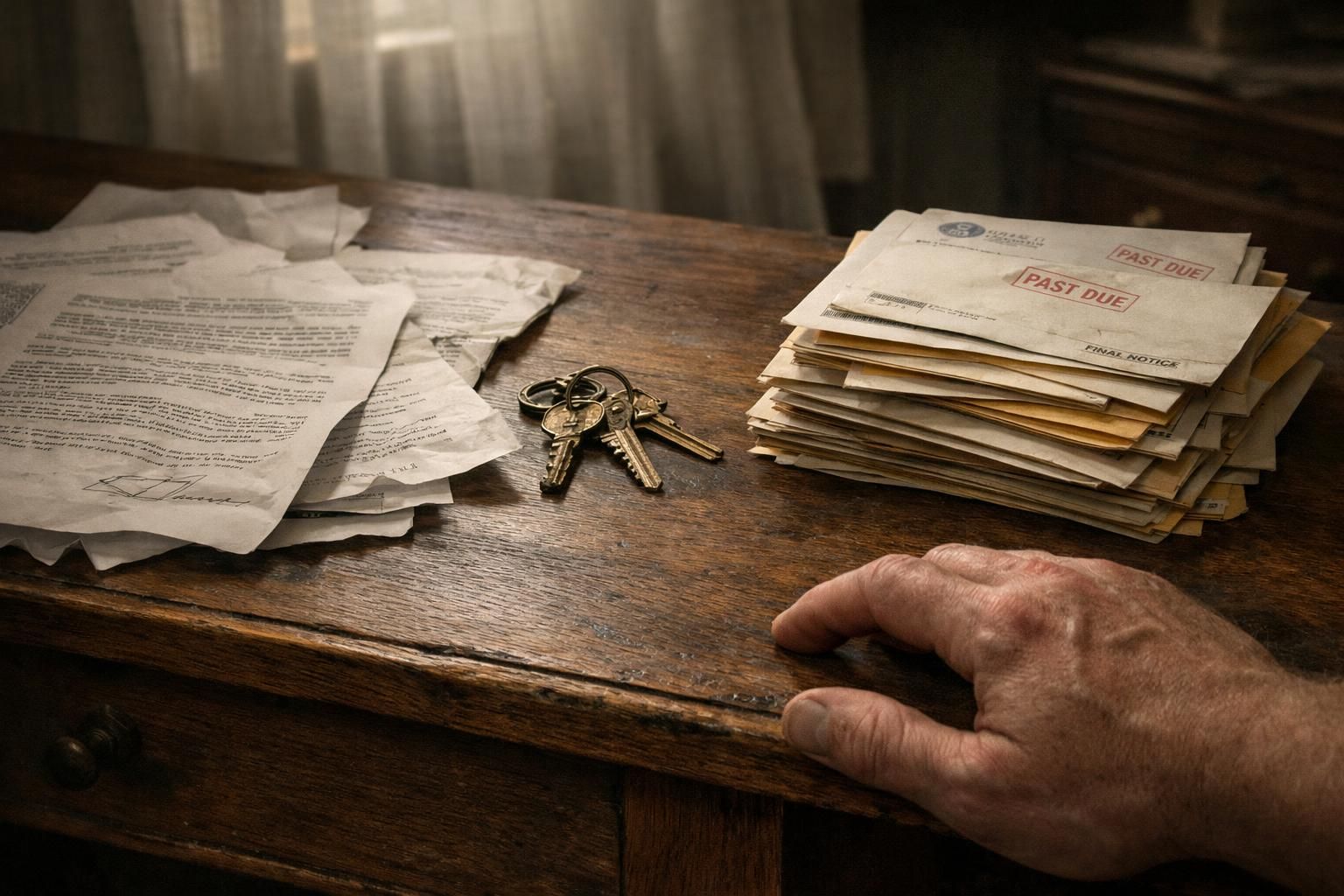 An anxious hand rests on a desk cluttered with unpaid bills and documents.