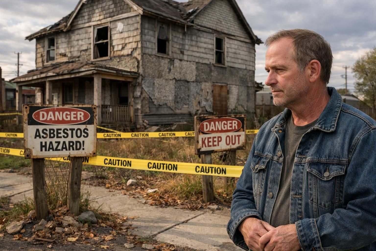 A man observes a dilapidated house surrounded by caution tape.