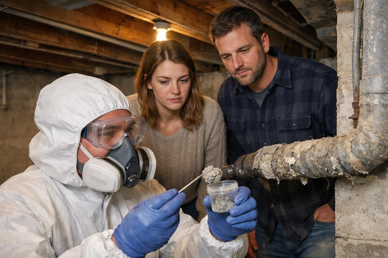 A couple observes an inspector testing for asbestos in their basement.