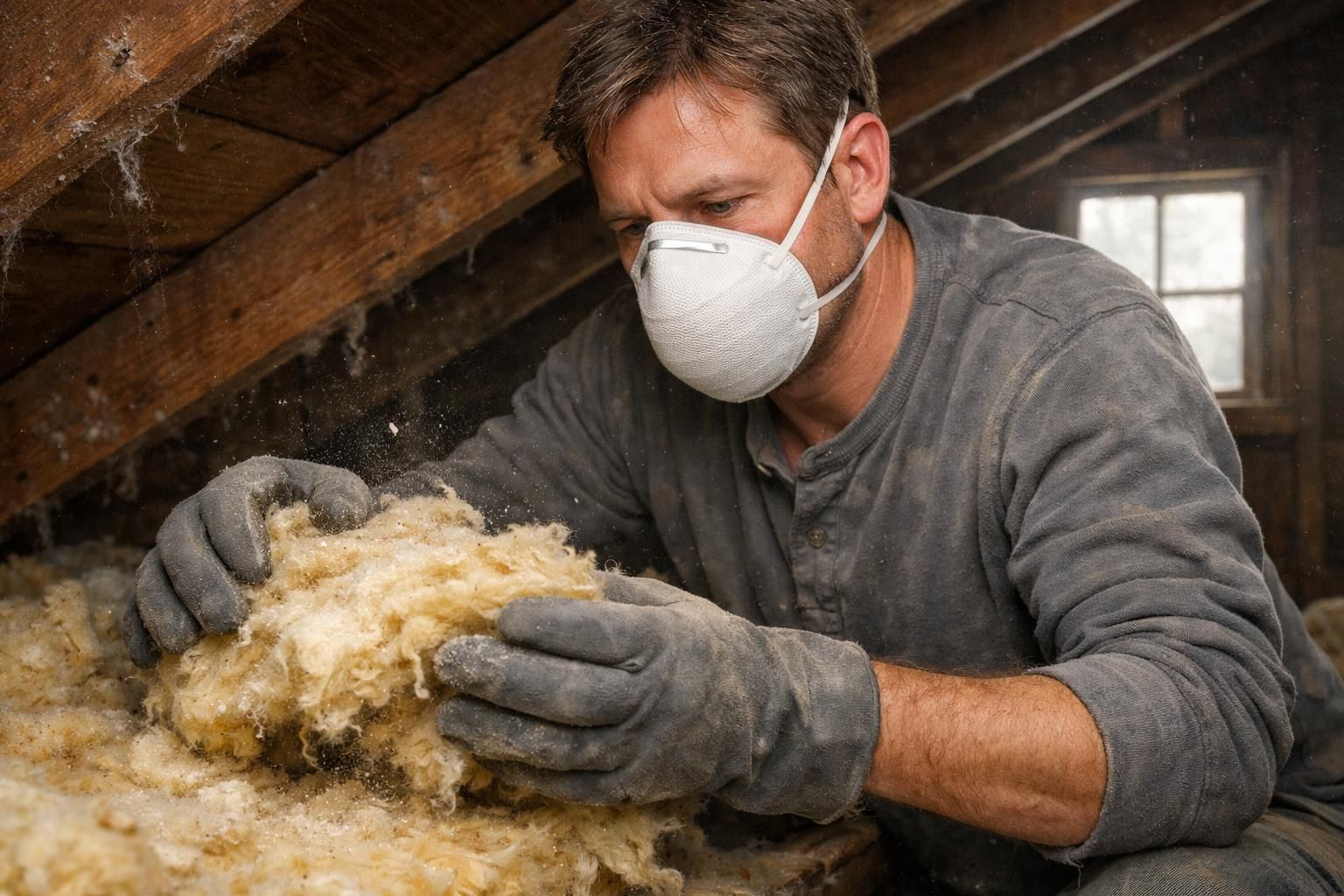 A homeowner in protective gear carefully removes old insulation in an attic.