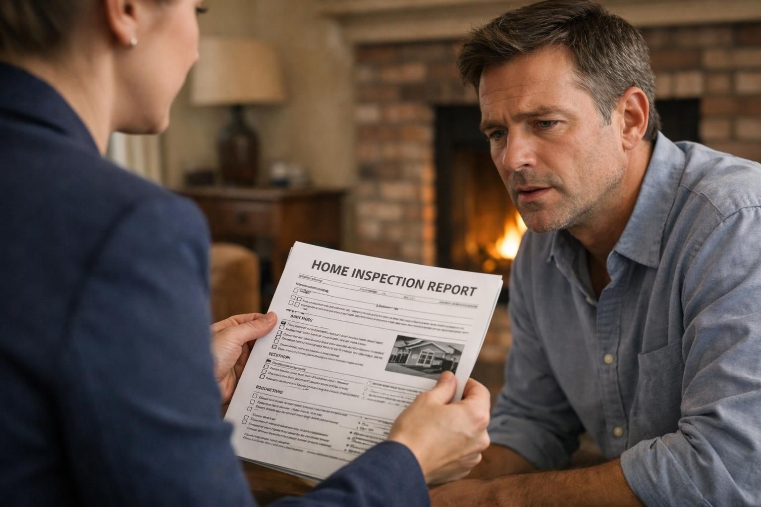 A real estate agent discusses a home inspection report with a buyer.