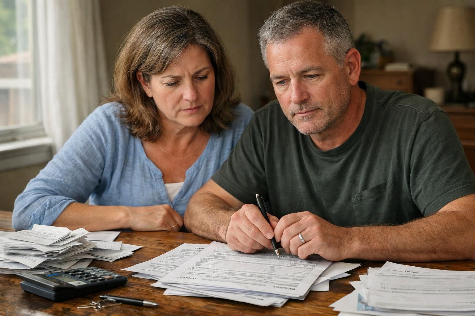 A couple reviews financial documents at a cluttered wooden table. A couple reviews financial documents at a cluttered wooden table.