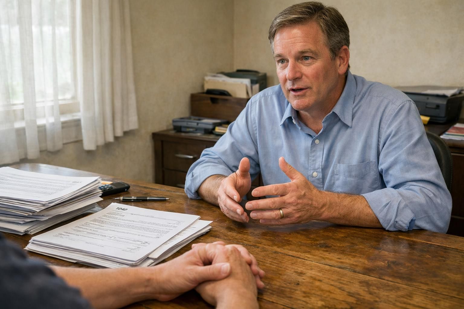 A person and representative discuss options for selling a home with tax liens. A person and representative discuss options for selling a home with tax liens.