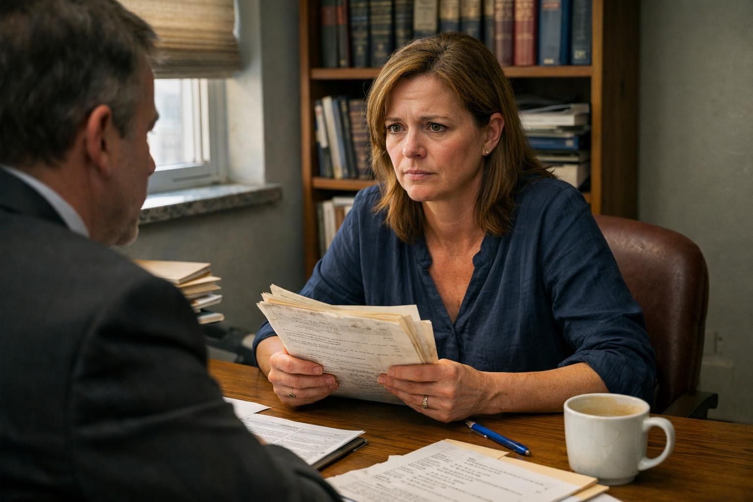 A stressed woman meets with a lawyer about foreclosure proceedings. A stressed woman meets with a lawyer about foreclosure proceedings.