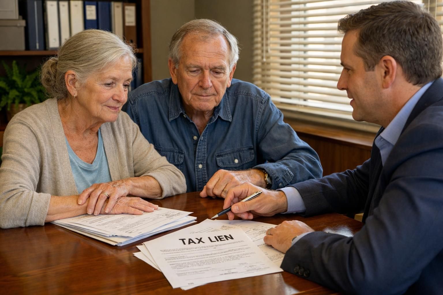 Elderly couple discussing home sale with a title company representative. Elderly couple discussing home sale with a title company representative.