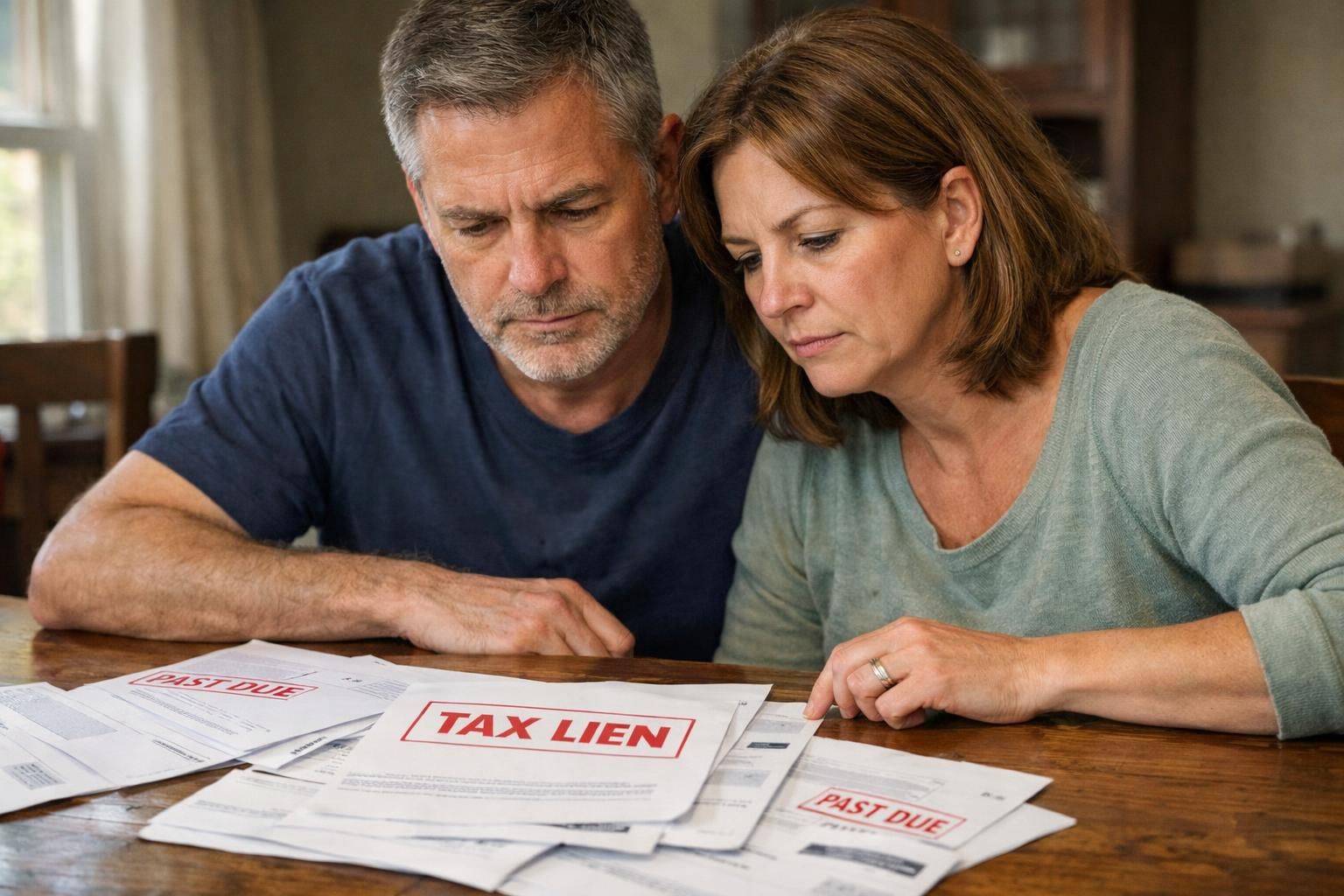 A couple reviews overdue bills at their dining table, looking concerned. A couple reviews overdue bills at their dining table, looking concerned.