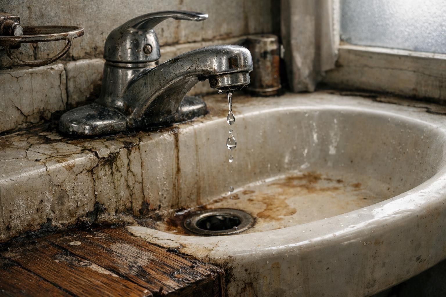A neglected bathroom sink shows signs of water damage and deterioration. A neglected bathroom sink shows signs of water damage and deterioration.