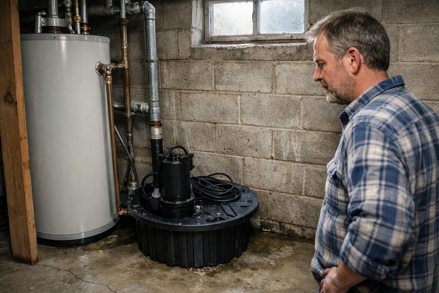 A man inspects a basement's plumbing and water heater setup. A man inspects a basement's plumbing and water heater setup.