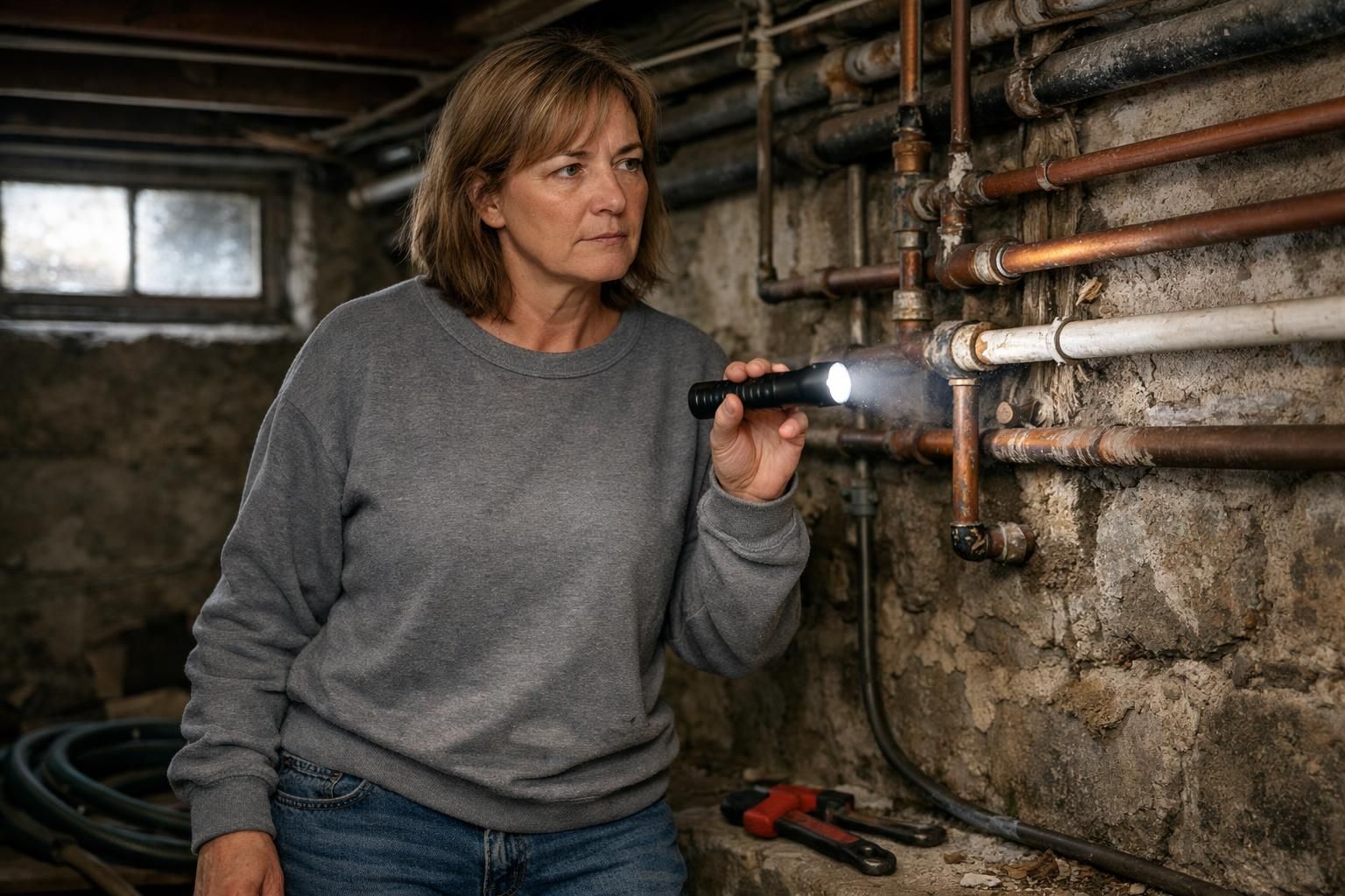 A middle-aged woman inspects pipes in a cluttered basement. A middle-aged woman inspects pipes in a cluttered basement.