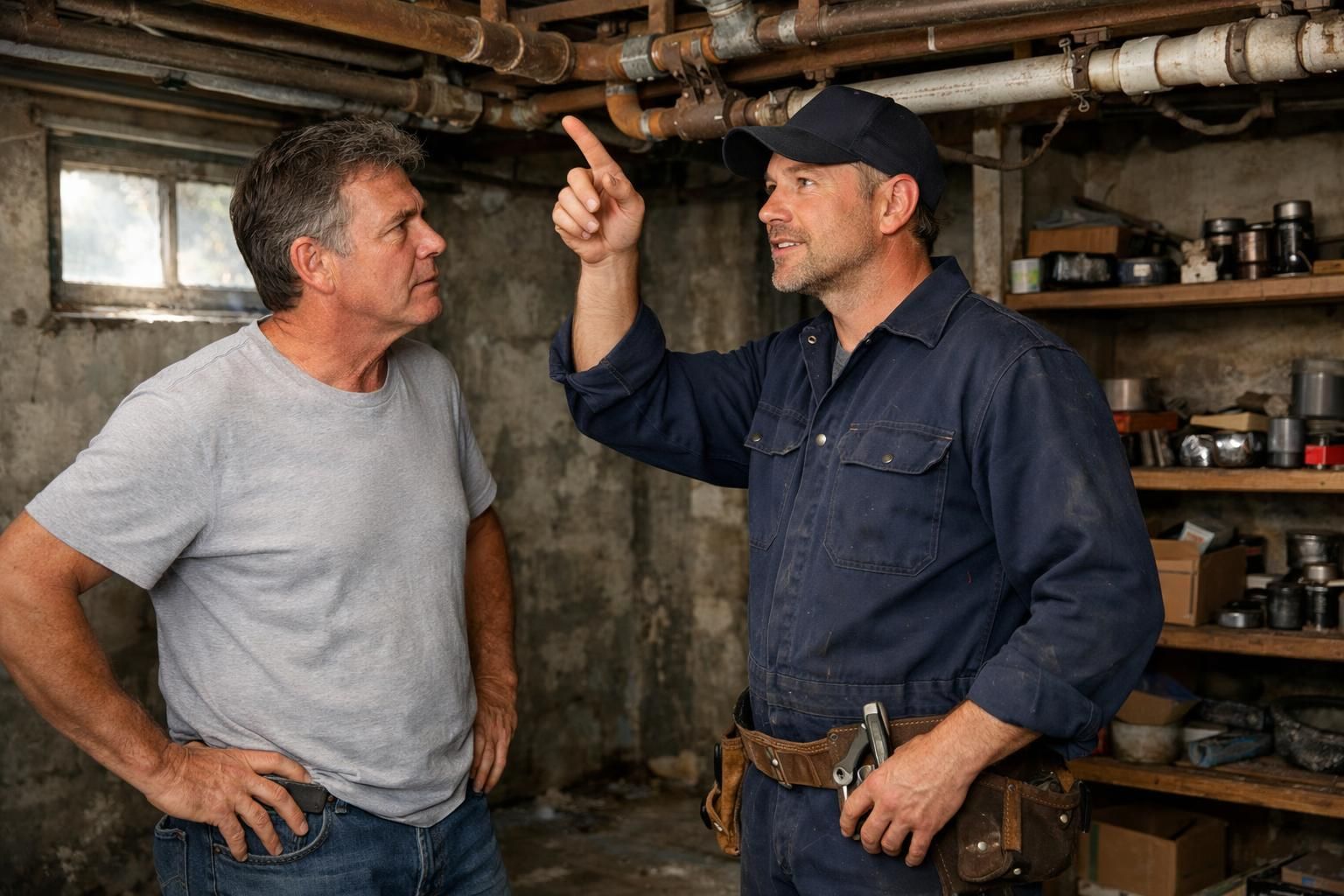 A homeowner consults a plumber about basement plumbing issues. A homeowner consults a plumber about basement plumbing issues.