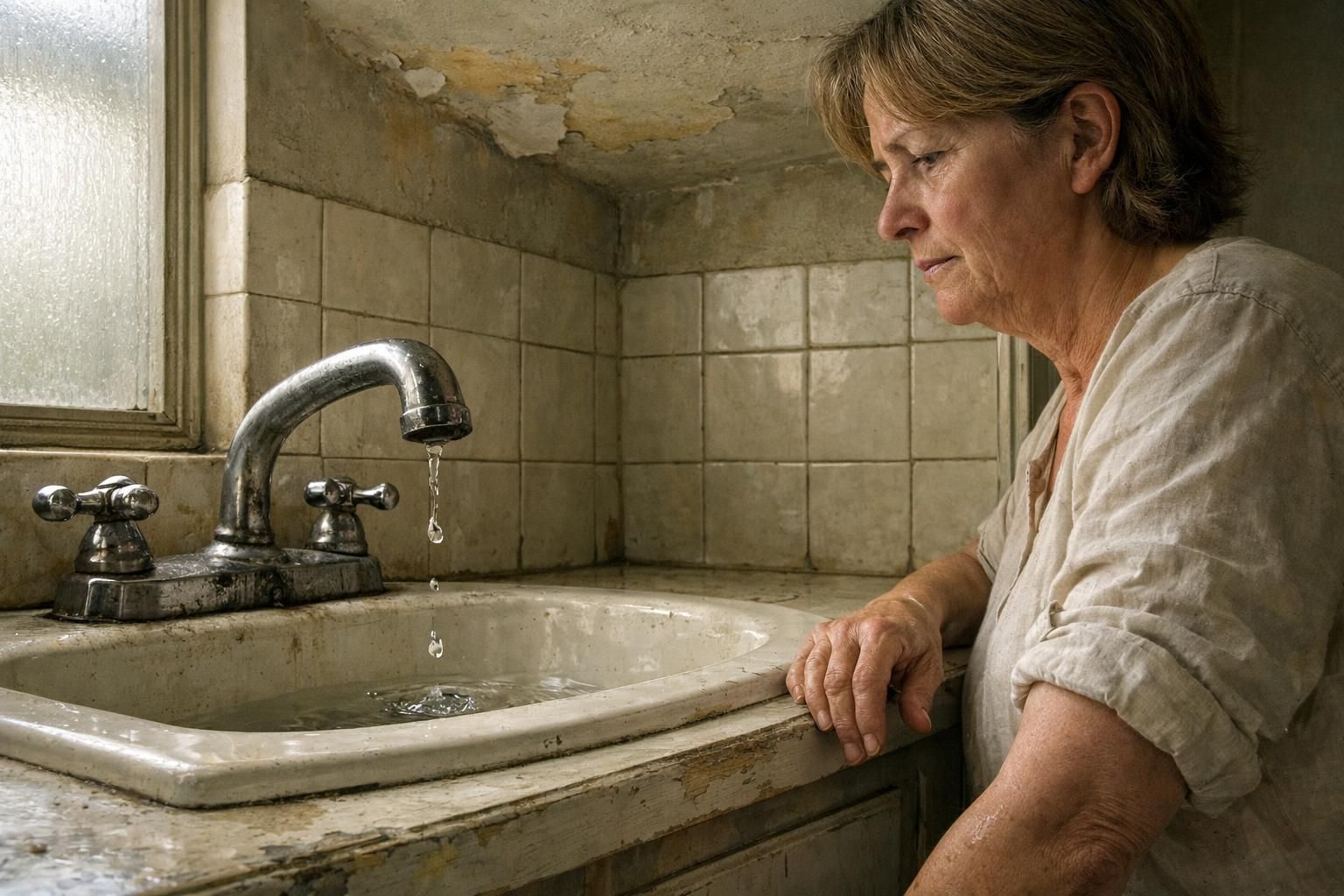 A weary person stands by a worn bathroom sink. A weary person stands by a worn bathroom sink.