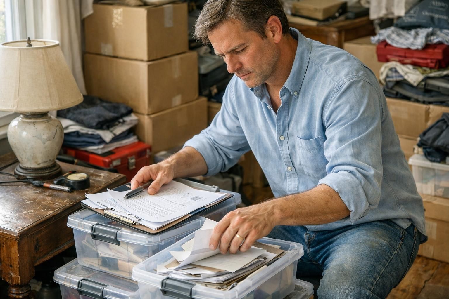 A focused real estate agent organizes paperwork in a cluttered room.