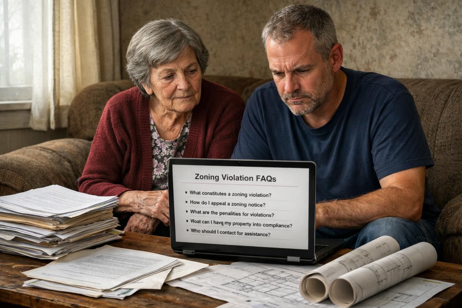 An elderly woman and a man study zoning violation documents together.