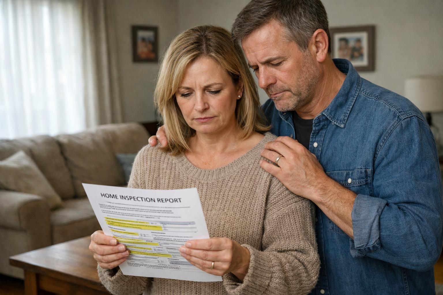 A couple examines a home inspection report with concern in their living room.