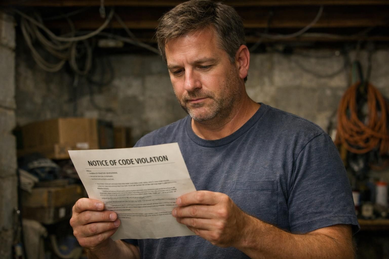 A middle-aged man examines a city code violation notice in his basement.