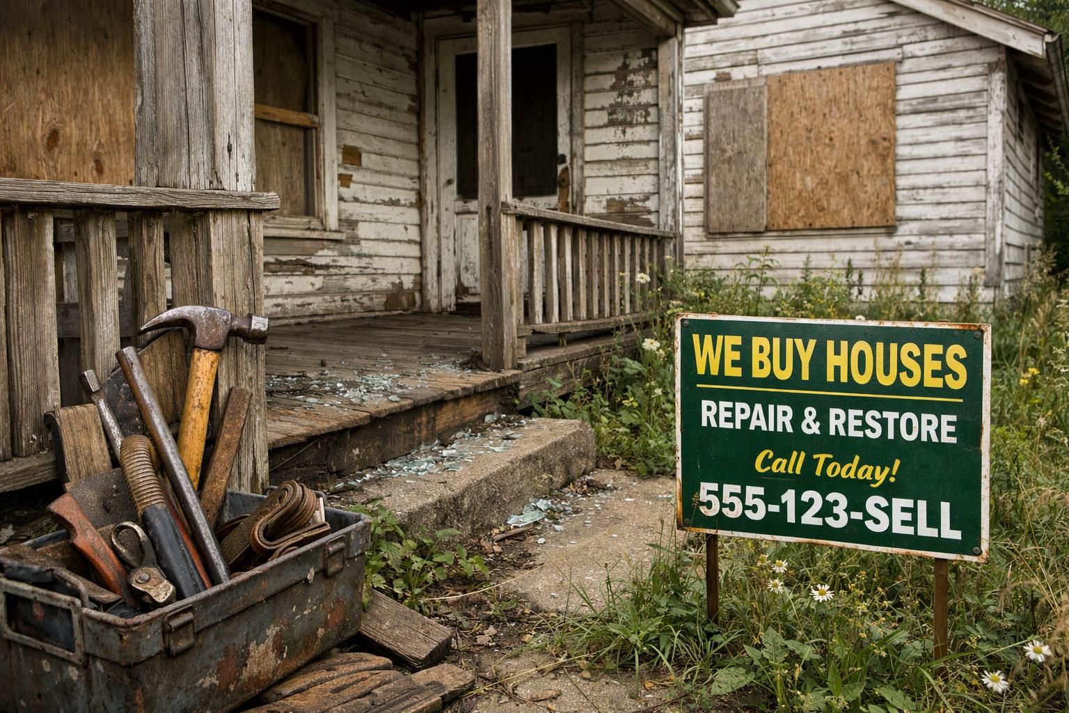 A neglected wooden house faces decay but offers renovation potential.
