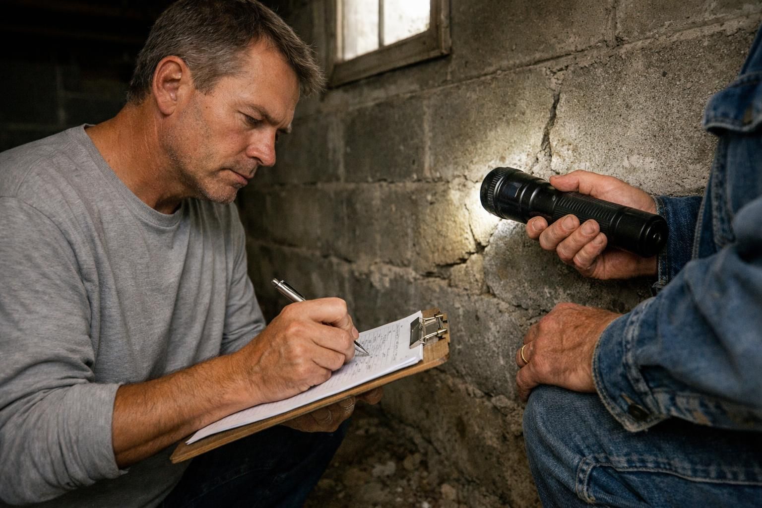 A serious man inspects a foundation with a structural engineer.