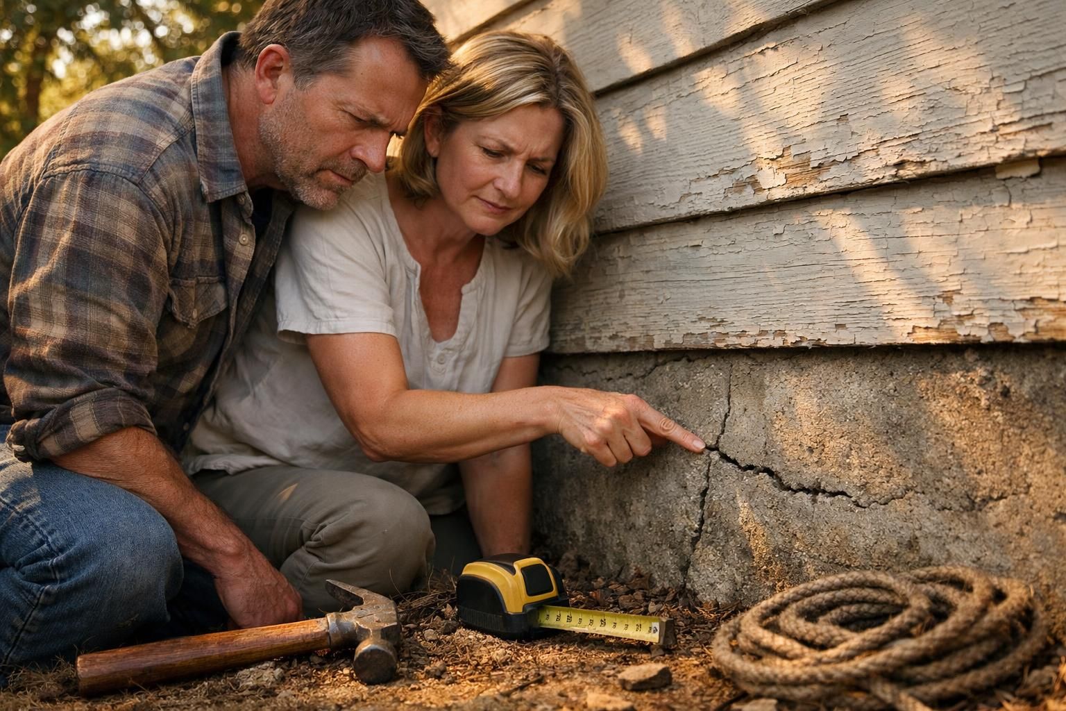 A couple inspects a crack in their home's foundation together.