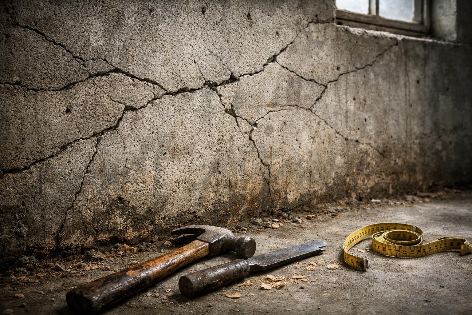 Aged concrete wall with cracks, tools, and signs of repair needed.