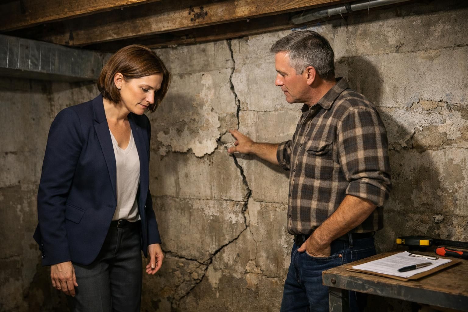 A woman and man inspect a basement's structural integrity for buyers.