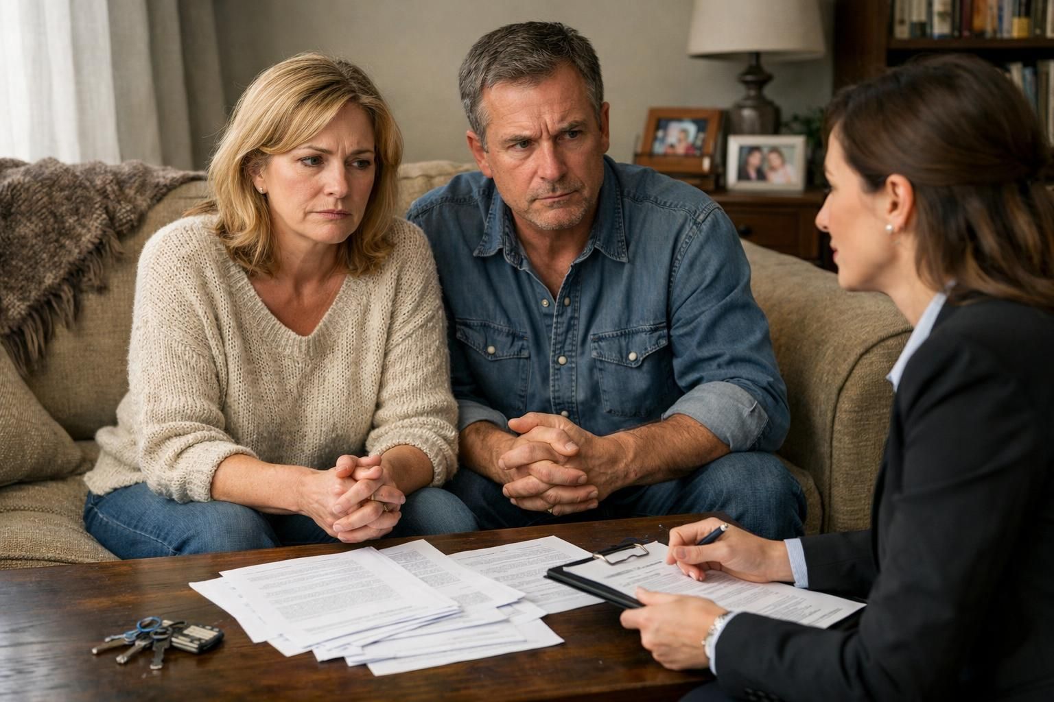 A couple discusses HOA lien issues with a real estate agent.