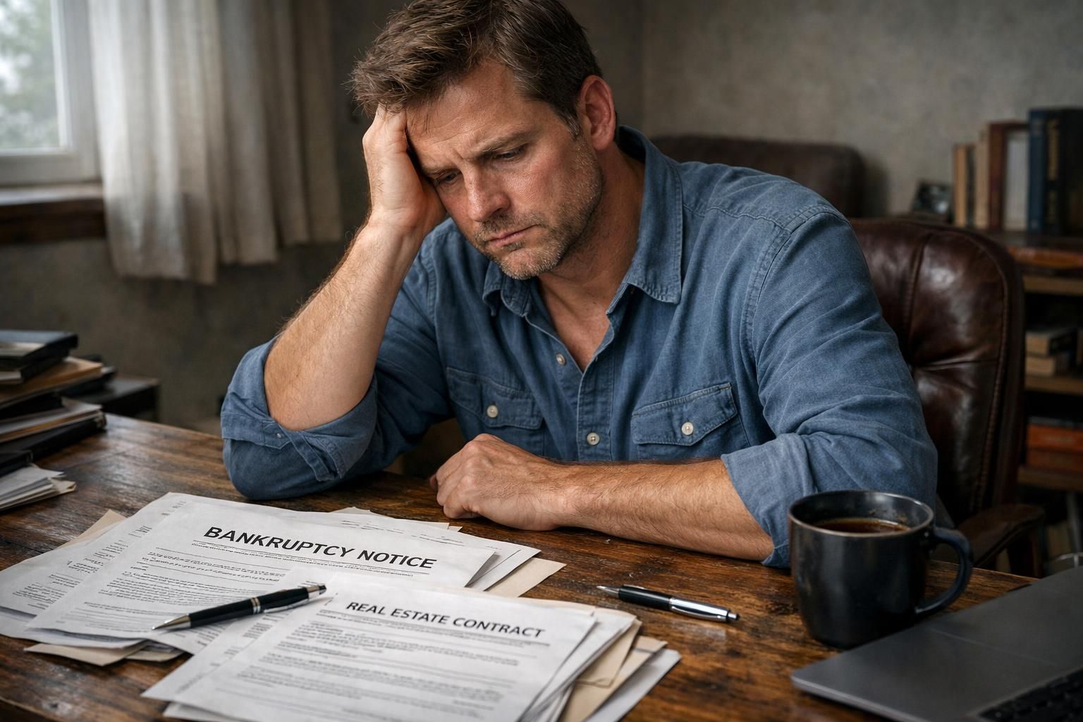 A worried man sits at a cluttered desk, contemplating serious issues.