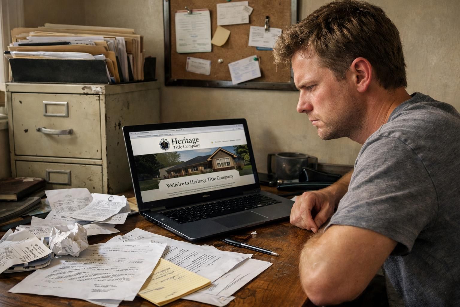 A cluttered home office reflects the stress of a busy workday.