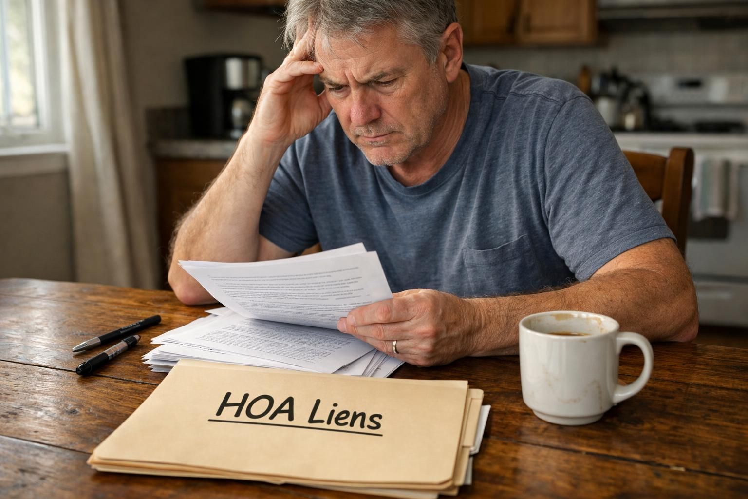 A distressed homeowner examines legal documents about HOA liens at home.