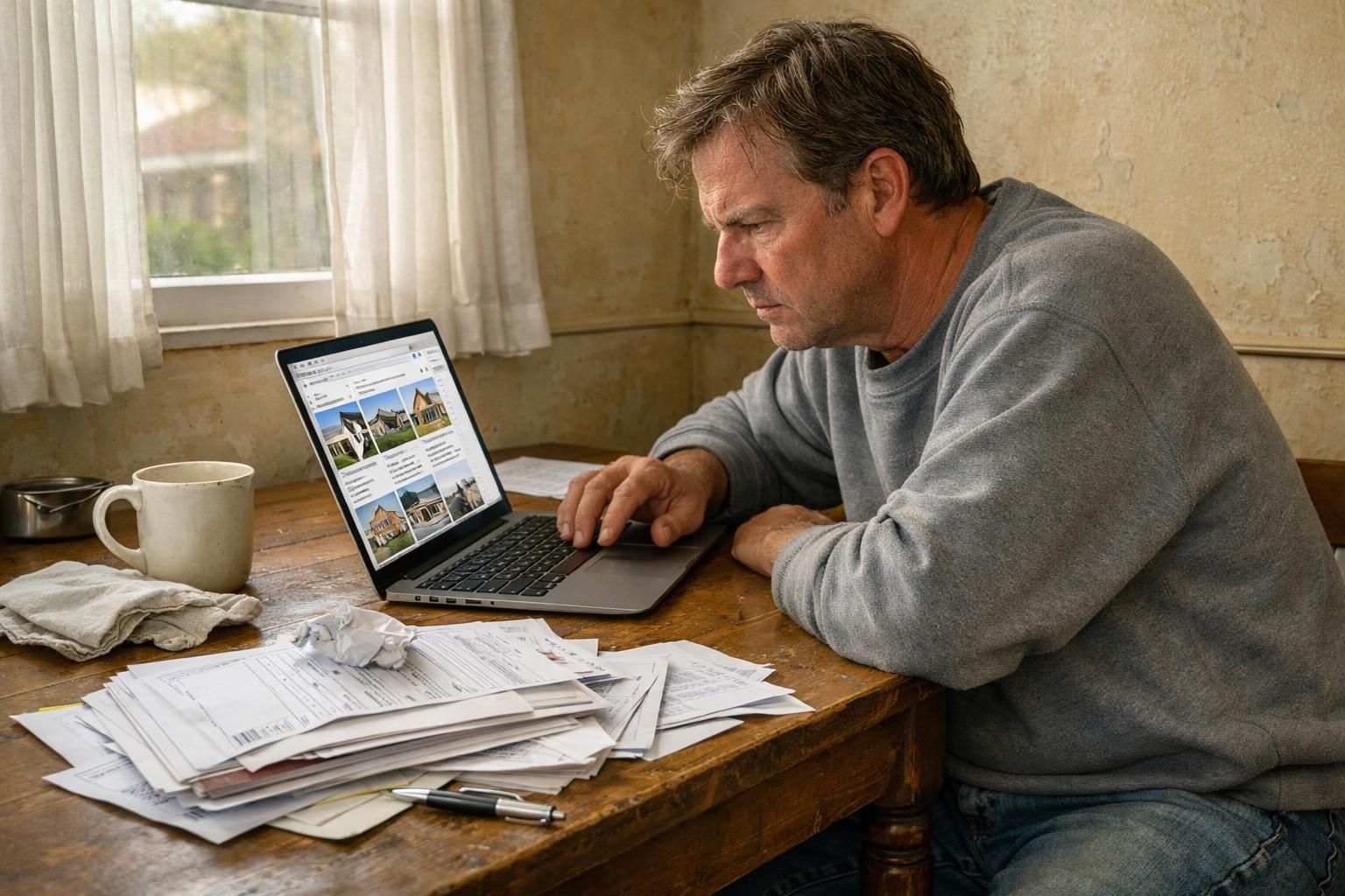 A concerned homeowner reviews property sale options amidst financial stress.