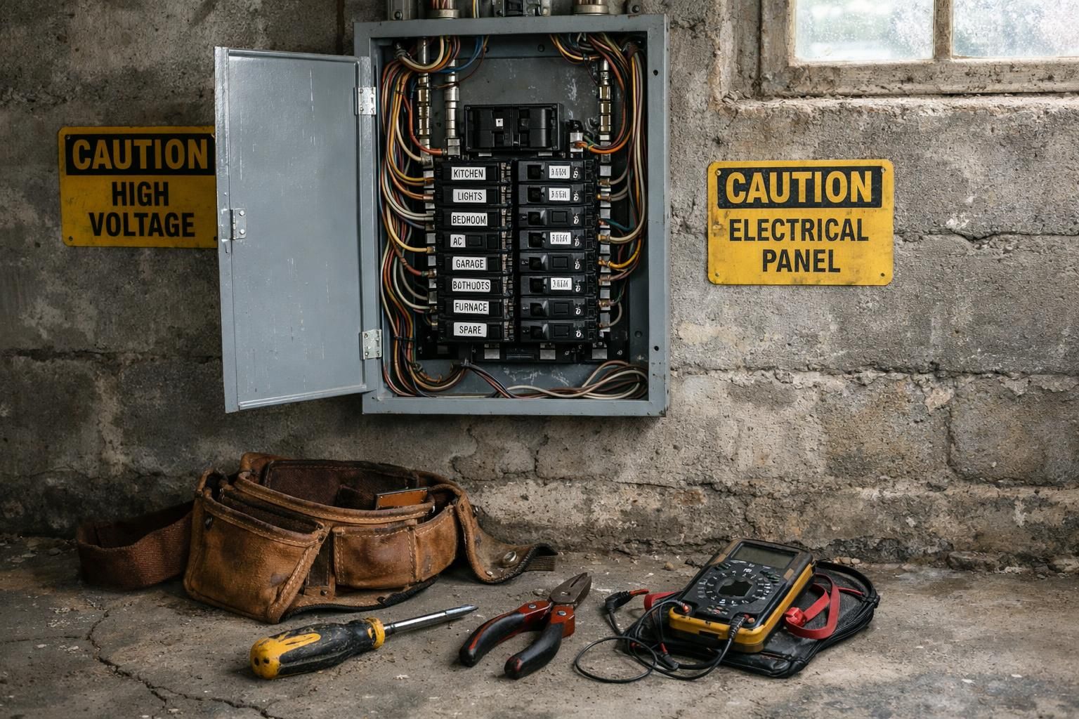 An open electrical panel reveals organized wiring in a basement.