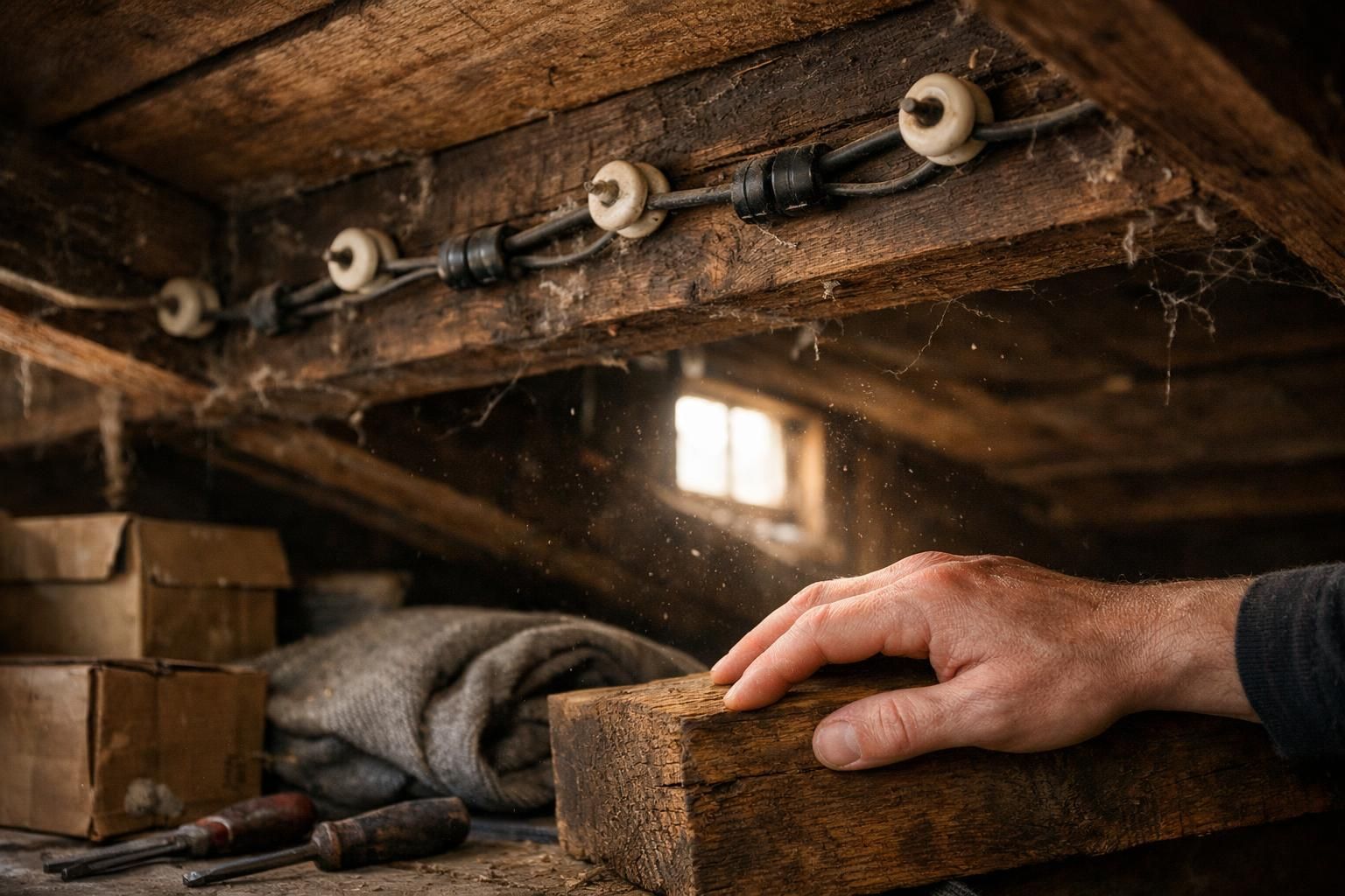 An individual contemplates an old, neglected attic's electrical wiring system.